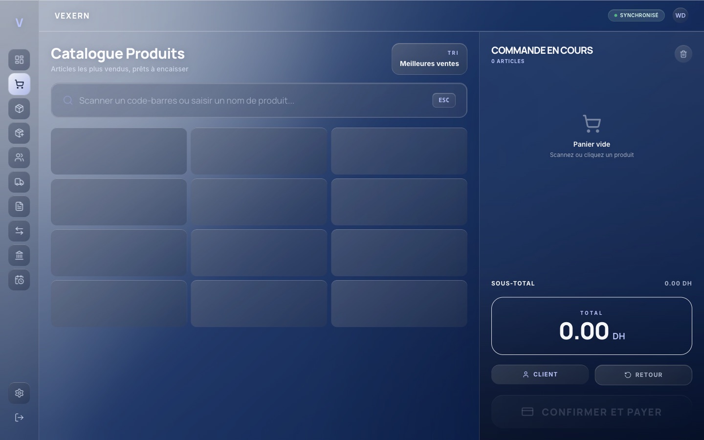 Interface du logiciel de caisse VEXERN pour un commerce au Maroc.