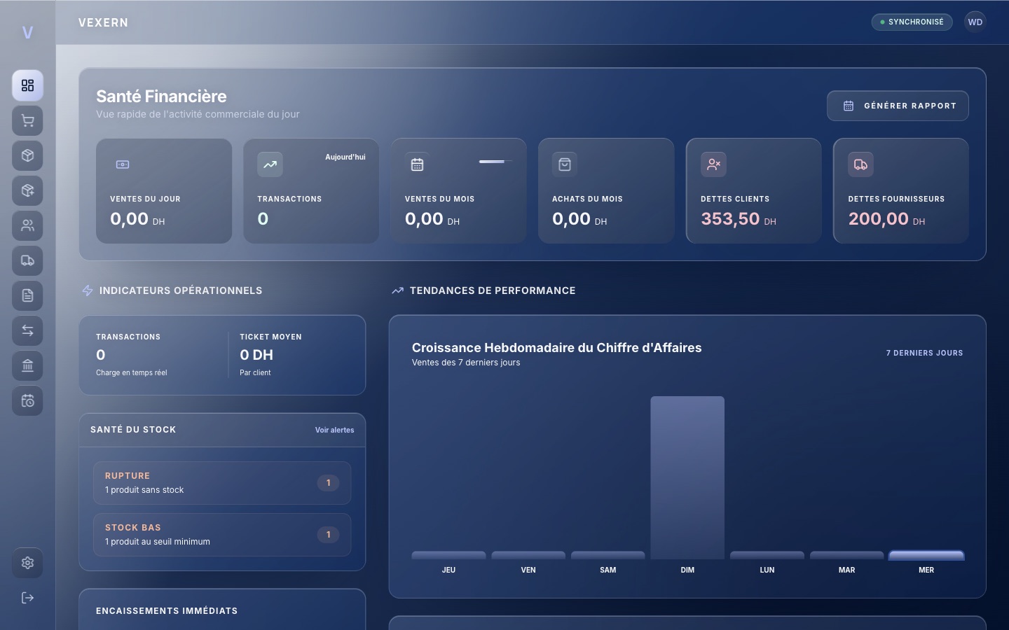 Tableau de bord VEXERN pour suivre les ventes, achats et dettes en dirhams.