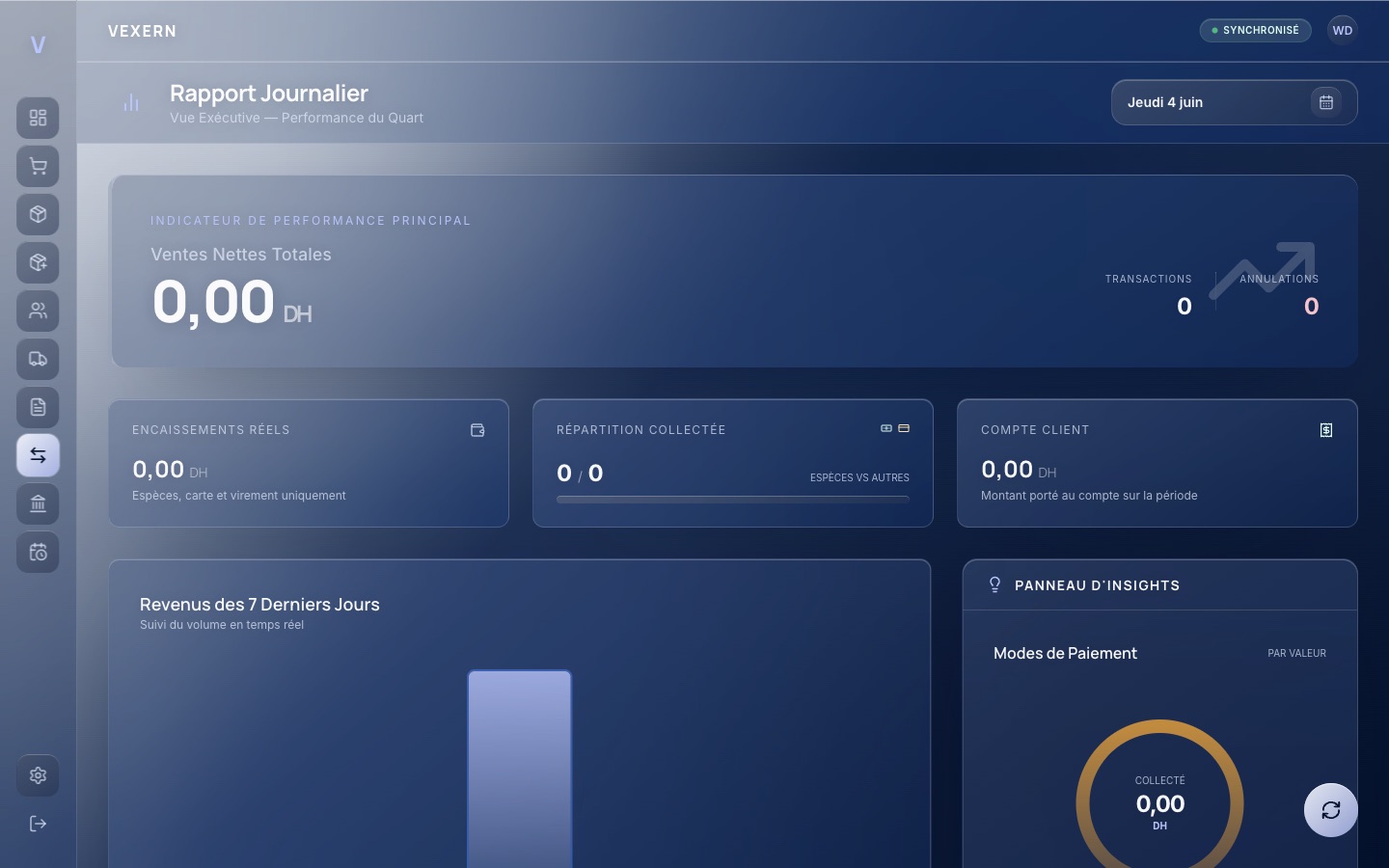 Rapports de ventes et transactions VEXERN avec montants en dirhams.
