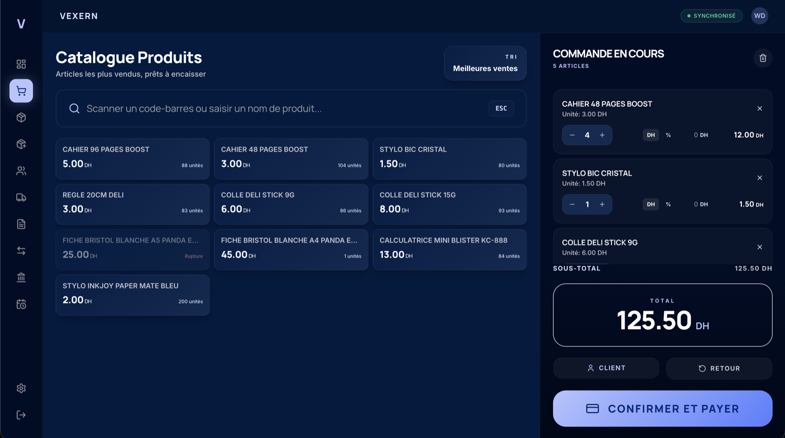 Interface de caisse VEXERN avec catalogue produits, commande en cours et total en dirhams.