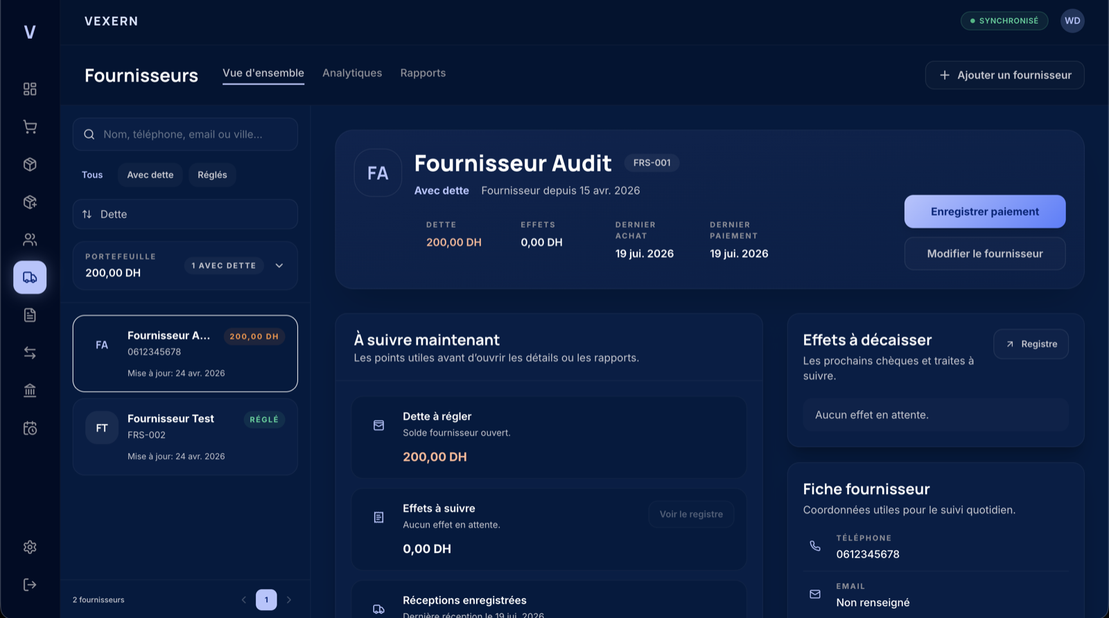 Suivi fournisseur VEXERN avec dette, réceptions, paiements et coordonnées.