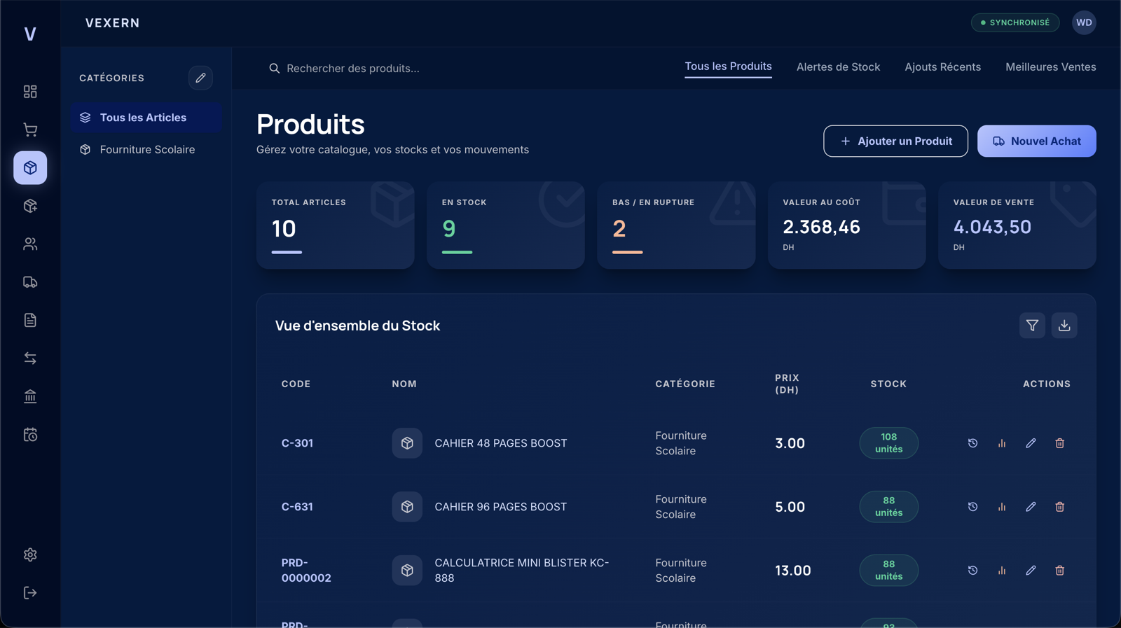 Écran produits VEXERN avec stock, prix, catégories et actions de gestion.