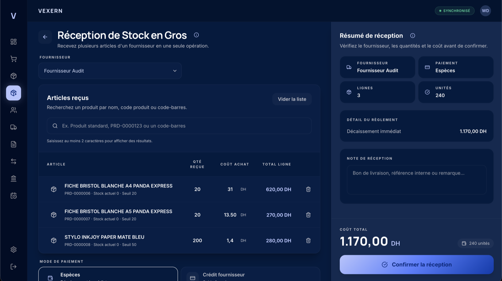Réception de stock fournisseur dans VEXERN pour un commerce au Maroc.